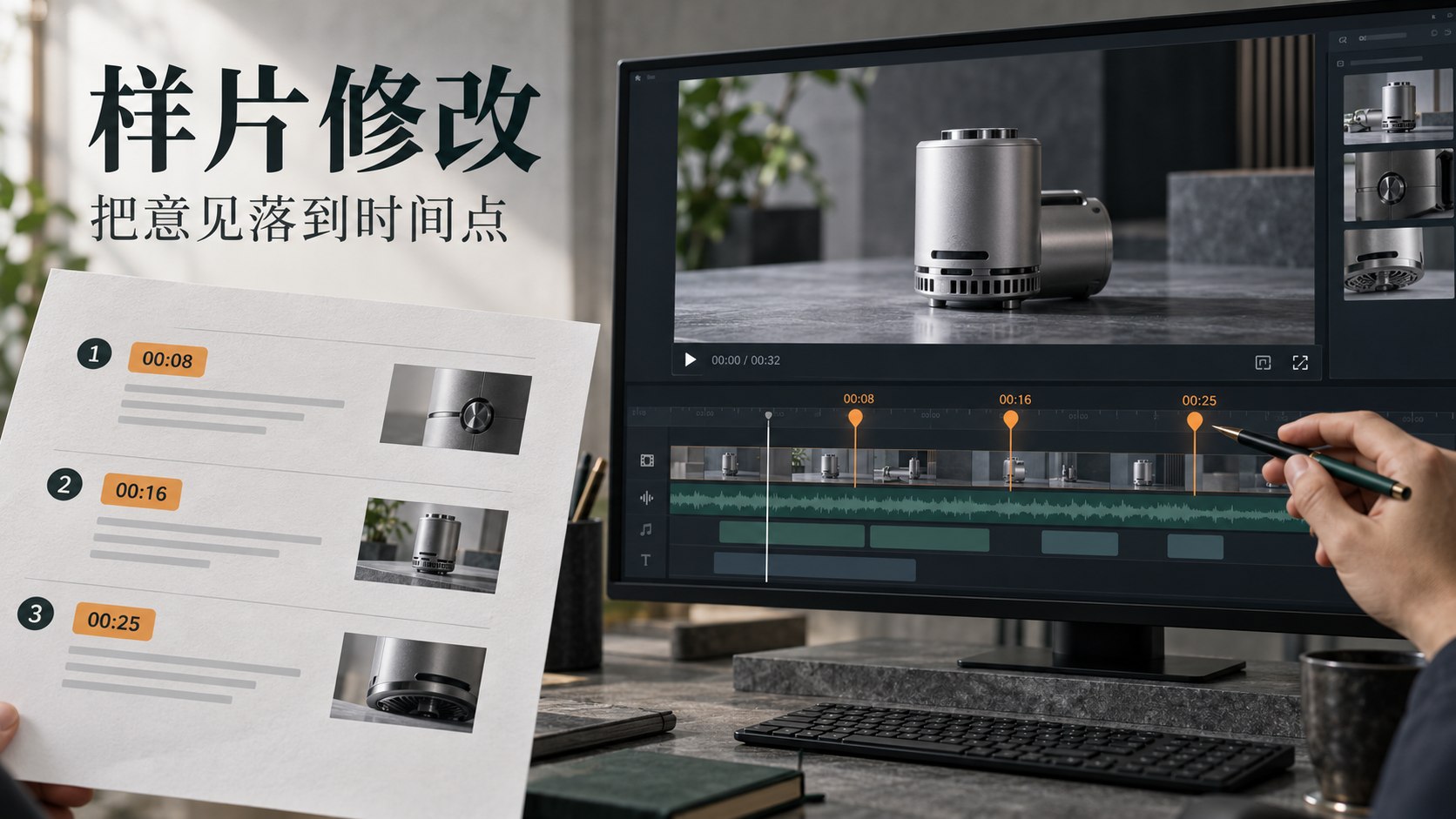 视频样片审核屏幕与按时间点整理的修改记录示意